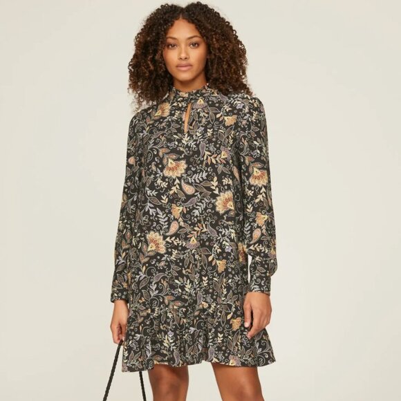 Michael Stars Dress Kita Floral Black Tan Keyhole Long Sleeve Paisley Cocktail - Picture 1 of 13